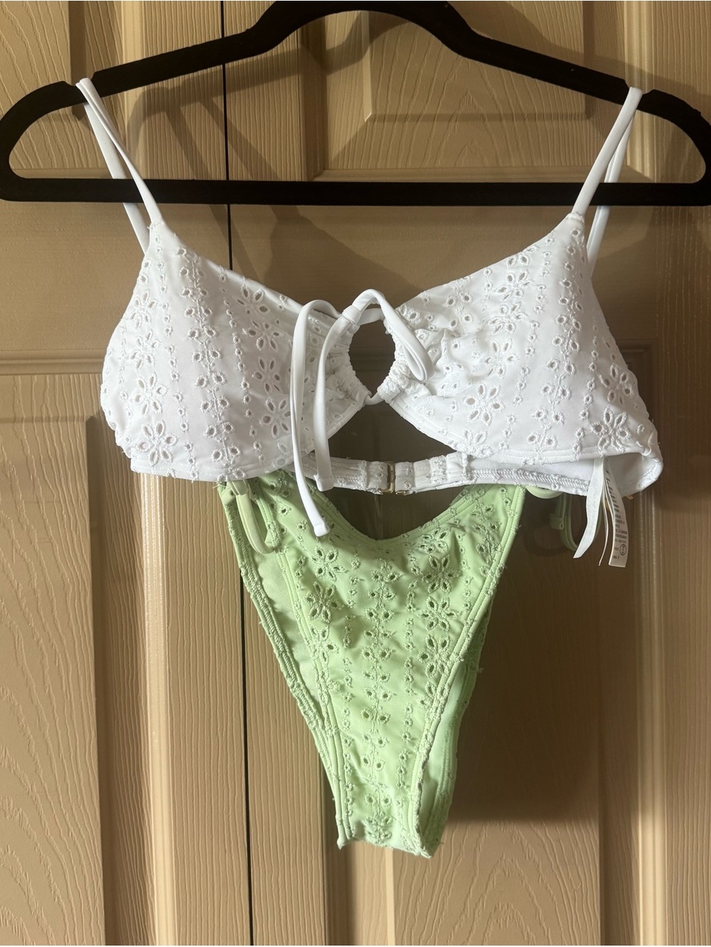 Hollister White Eyelet Triangle Bikini Top & Light Green Eyelet High-Cut Bottom